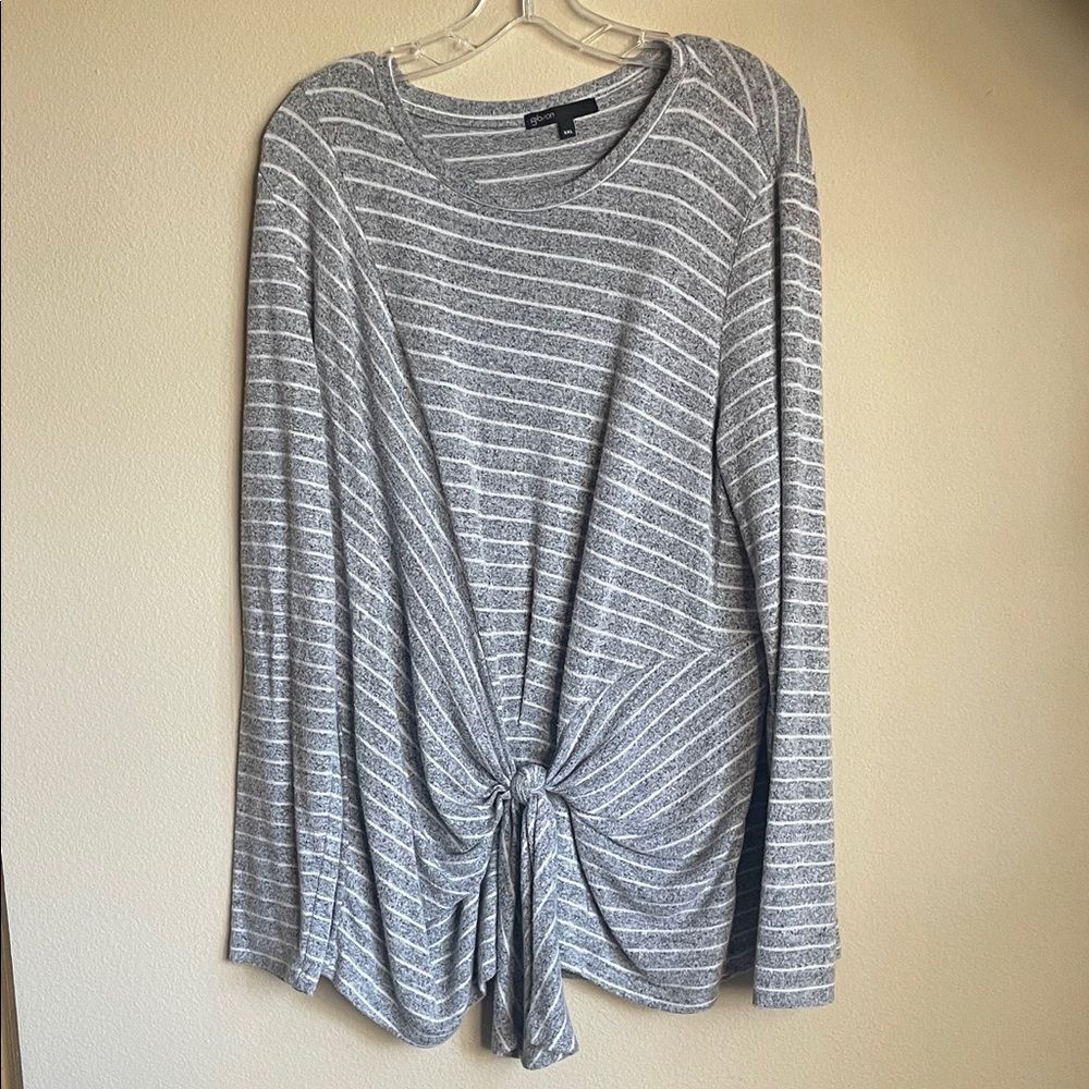 Women’s Gibson gray&white  Striped Long Sleeve Top & Knot Detail sweater knt xxl